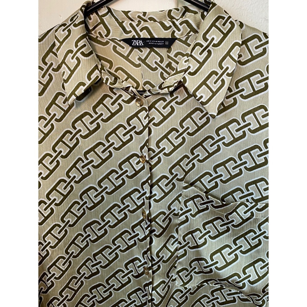 ZARA GOLD CHAIN PRINT SHIRT BLOUSE, FAUX SILK, MEDIUM, OFFICE, DATE NIGHT